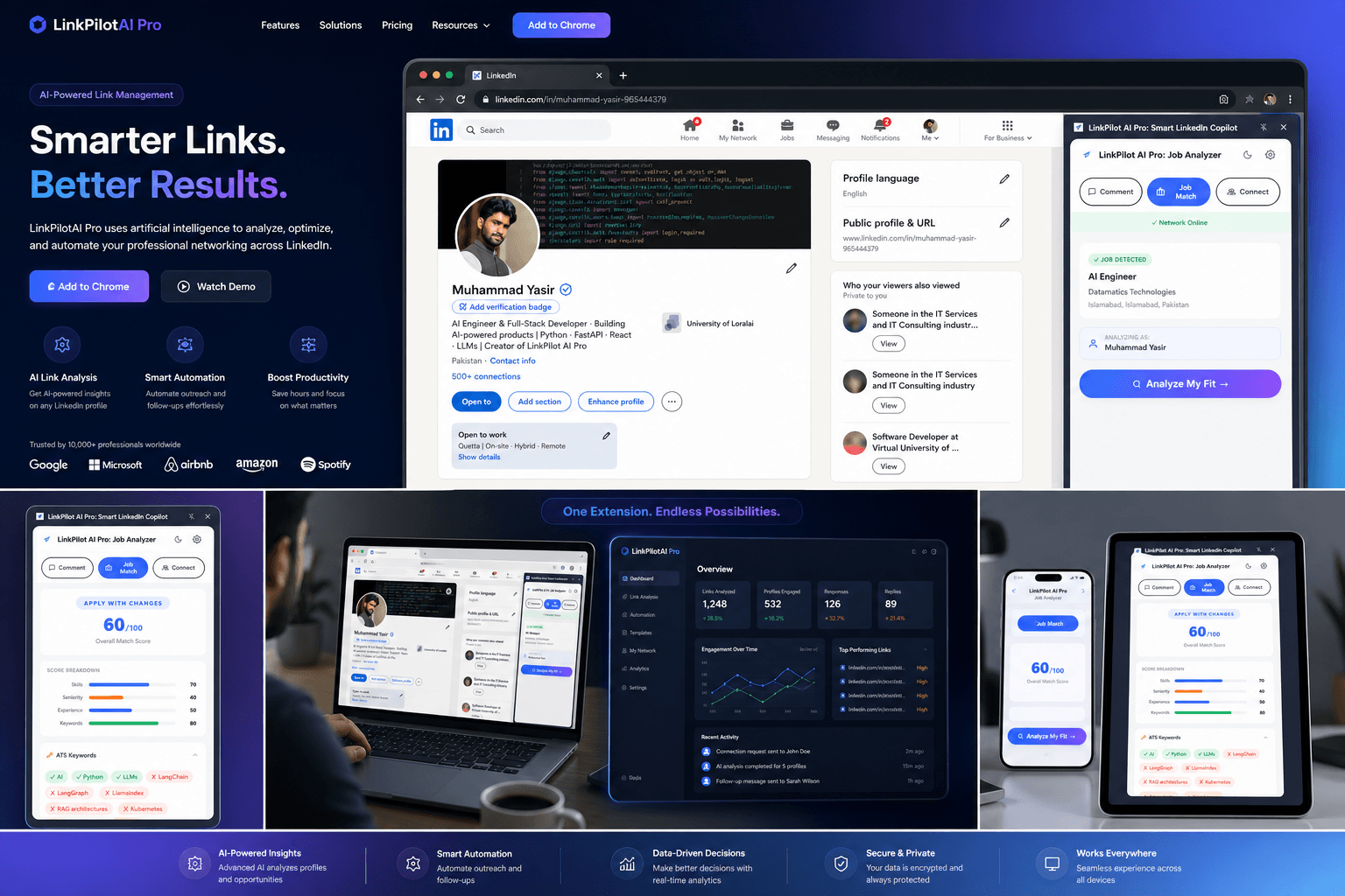 LinkPilot AI Pro extension live inside LinkedIn displaying 87% match score