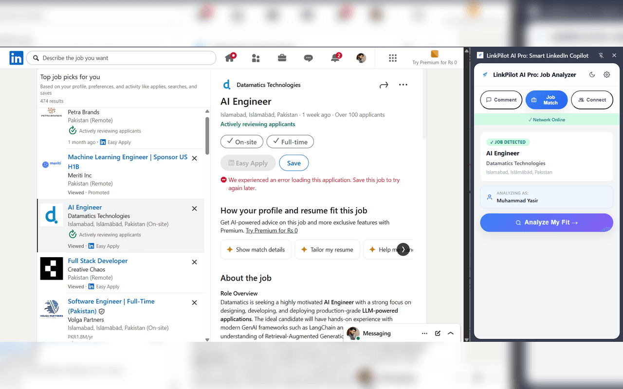 LinkedIn job post open with LinkPilot AI Pro side panel active
